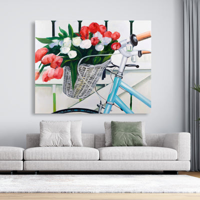 Bicycle With Tulips Flowers In Basket, Fine art gallery wrapped canvas 24x36