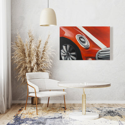 Red Car With White Stripes Closeup, Fine art gallery wrapped canvas 24x36