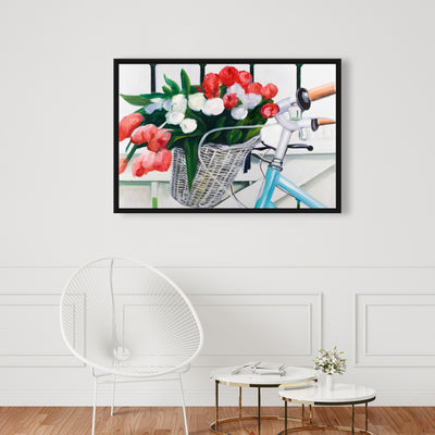 Bicycle With Tulips Flowers In Basket, Fine art gallery wrapped canvas 24x36