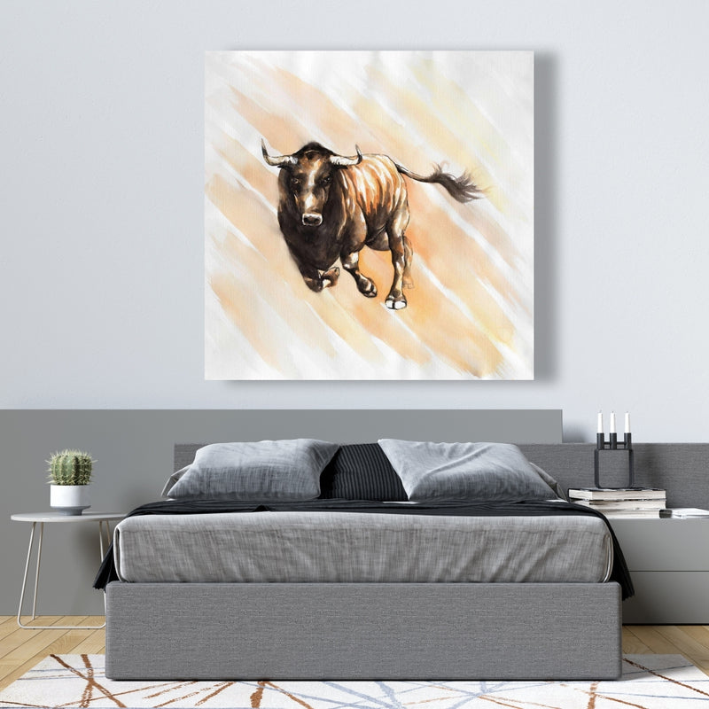 Bull Running Watercolor, Fine art gallery wrapped canvas 36x36