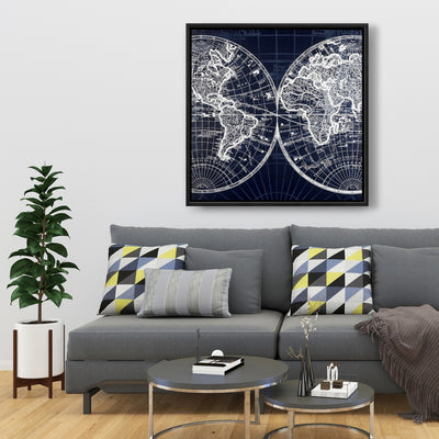 World Map Blue Print, Fine art gallery wrapped canvas 36x36