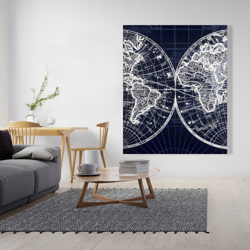 World Map Blue Print, Fine art gallery wrapped canvas 36x36
