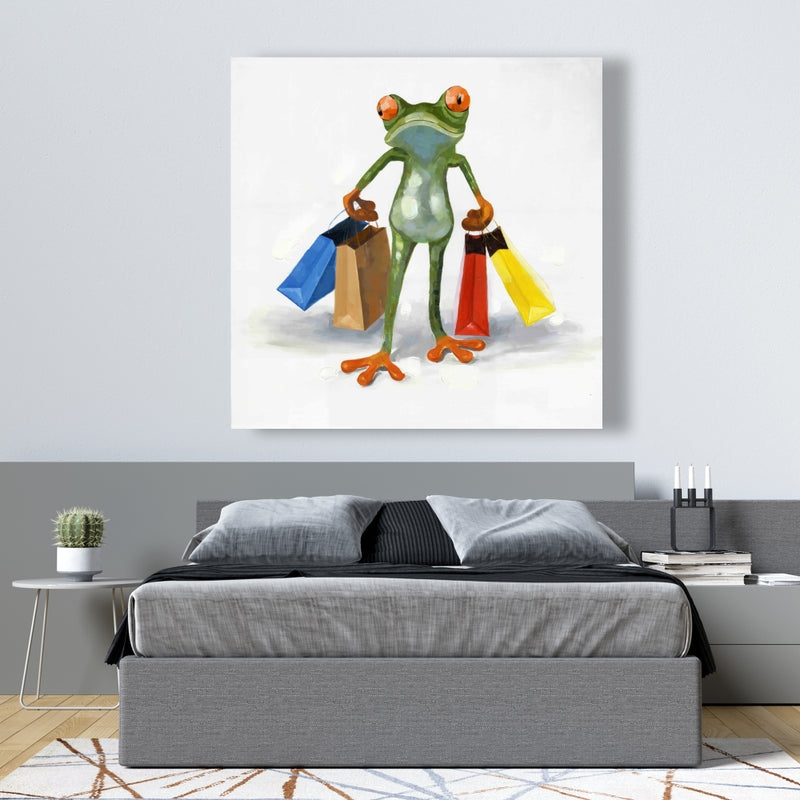Funny Frog With Shopping Bags, Fine art gallery wrapped canvas 24x36