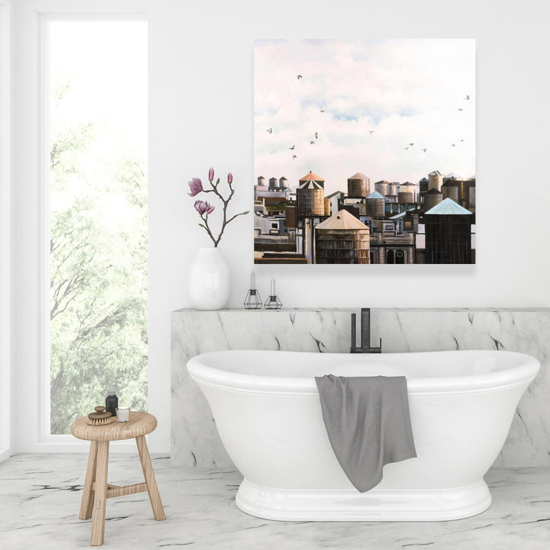 Water Towers With Birds, Fine art gallery wrapped canvas 16x48