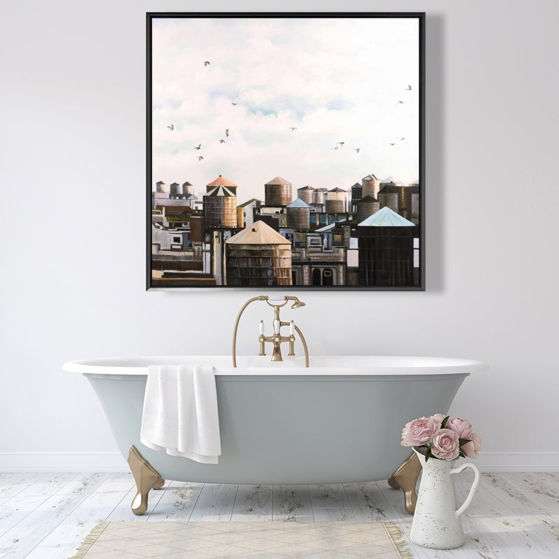 Water Towers With Birds, Fine art gallery wrapped canvas 16x48