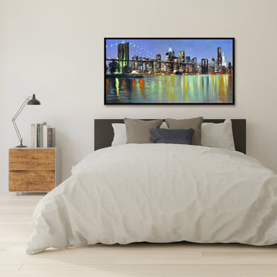 Colorful City With A Bridge By Night, Fine art gallery wrapped canvas 16x48