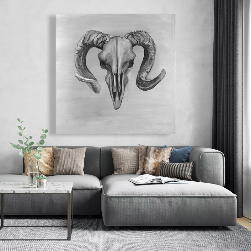 Grayscale Aries Skull, Fine art gallery wrapped canvas 36x36