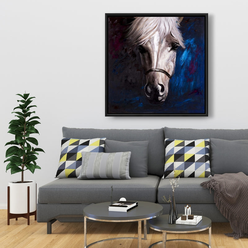 White Horse On Blue Background, Fine art gallery wrapped canvas 24x36