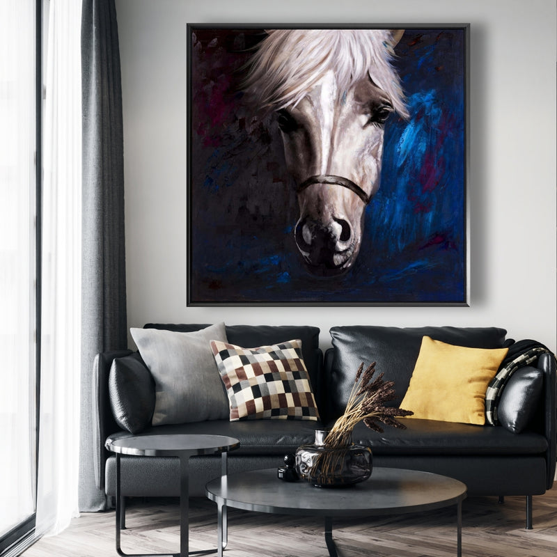 White Horse On Blue Background, Fine art gallery wrapped canvas 24x36