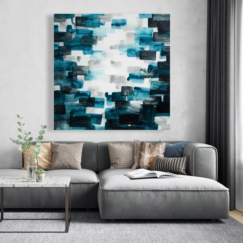Turquoise And Gray Squares, Fine art gallery wrapped canvas 16x48