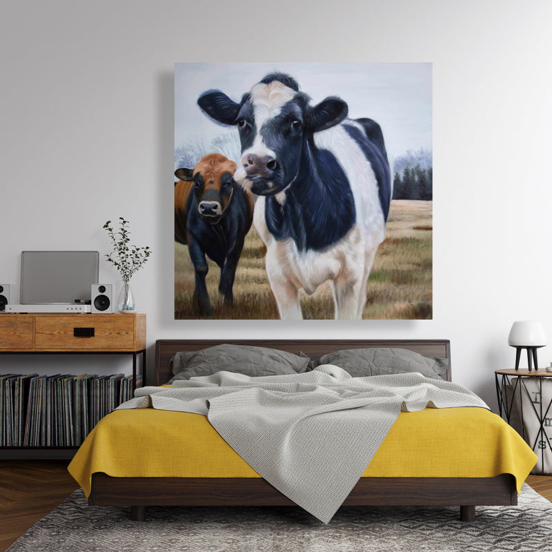 Two Cows Eating Grass, Fine art gallery wrapped canvas 36x36