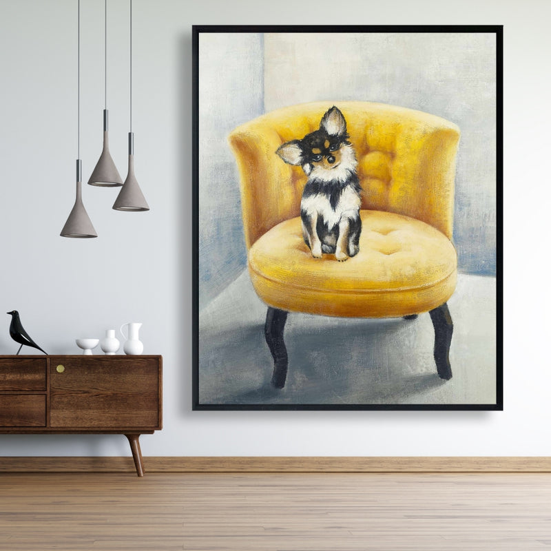 Long-Haired Chihuahua On A Yellow Armchair, Fine art gallery wrapped canvas 24x36