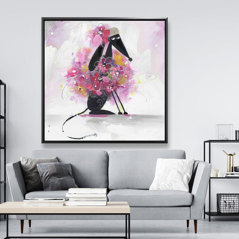 Cartoon Dog With Pink Flowers, Fine art gallery wrapped canvas 24x36
