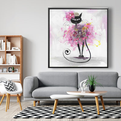 Cartoon Cat With Pink Flowers, Fine art gallery wrapped canvas 24x36