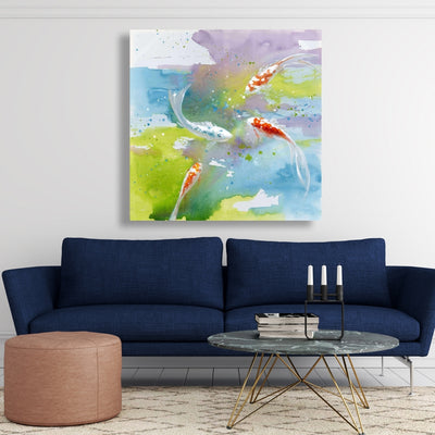 Koi Fish In Colorful Water, Fine art gallery wrapped canvas 36x36