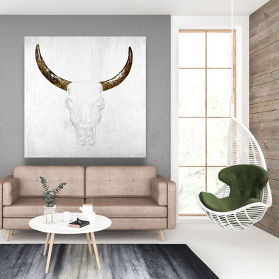 Bull Skull With Brown Horns, Fine art gallery wrapped canvas 36x36