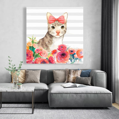 Small Cat With Flowers, Fine art gallery wrapped canvas 36x36