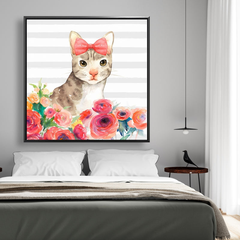 Small Cat With Flowers, Fine art gallery wrapped canvas 36x36