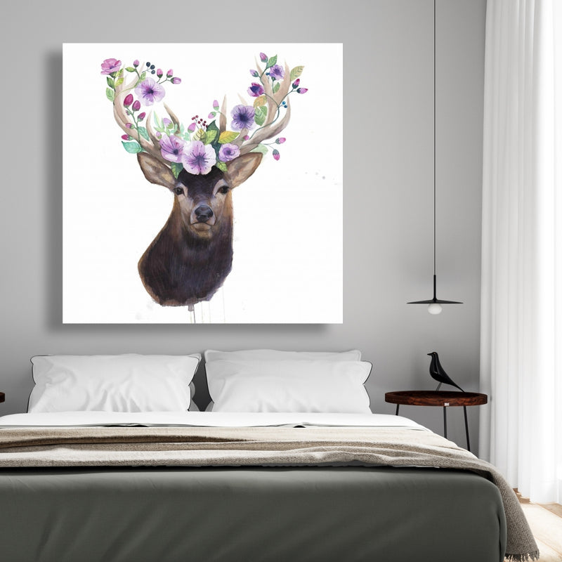 Roe Deer Head With Flowers, Fine art gallery wrapped canvas 24x36