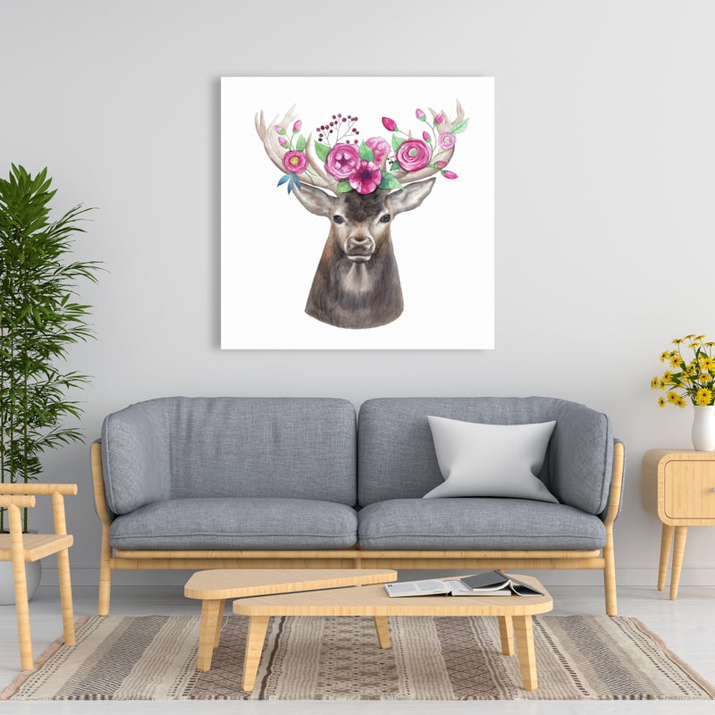 Deer Head With Flowers, Fine art gallery wrapped canvas 24x36