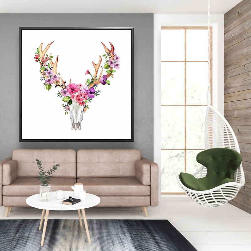 Deer Skull With Flowers , Fine art gallery wrapped canvas 36x36
