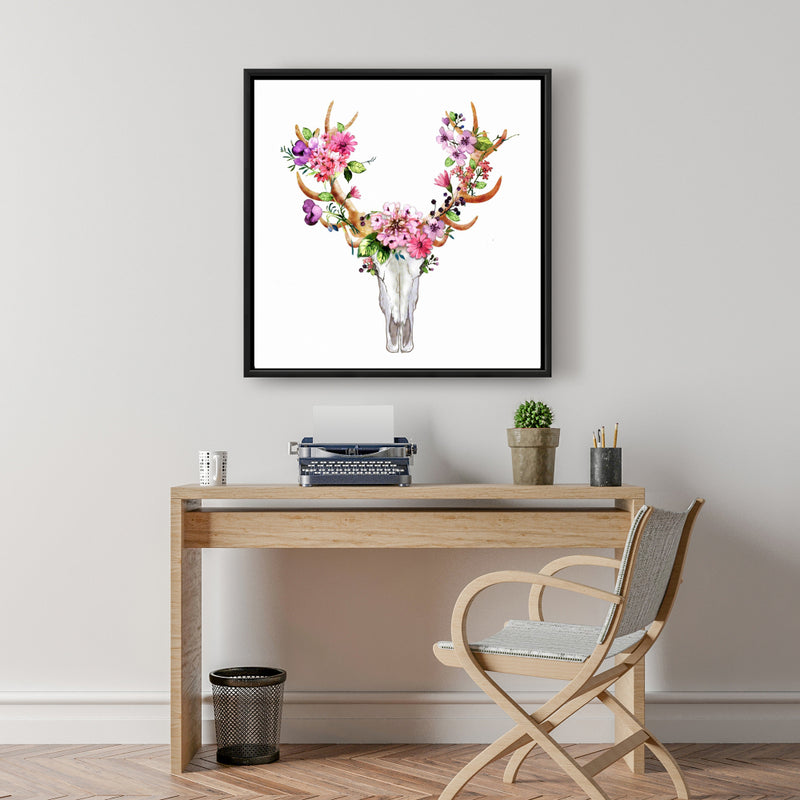 Rustic Deer Skull With Flowers, Fine art gallery wrapped canvas 36x36