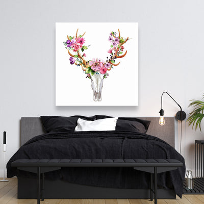 Rustic Deer Skull With Flowers, Fine art gallery wrapped canvas 36x36
