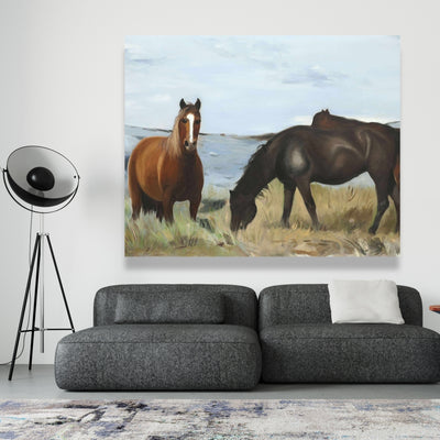 Horses Eating In The Meadow, Fine art gallery wrapped canvas 16x48