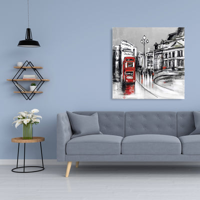 Abstract Gray City With Red Bus, Fine art gallery wrapped canvas 36x36
