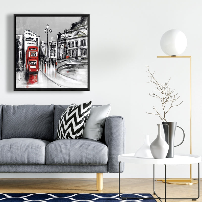 Abstract Gray City With Red Bus, Fine art gallery wrapped canvas 36x36