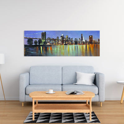 Colorful City With A Bridge By Night, Fine art gallery wrapped canvas 16x48
