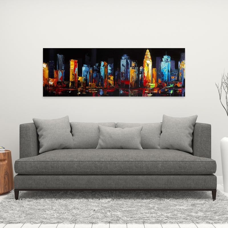 Colorful Abstract Cityscape On A Dark Background, Fine art gallery wrapped canvas 16x48