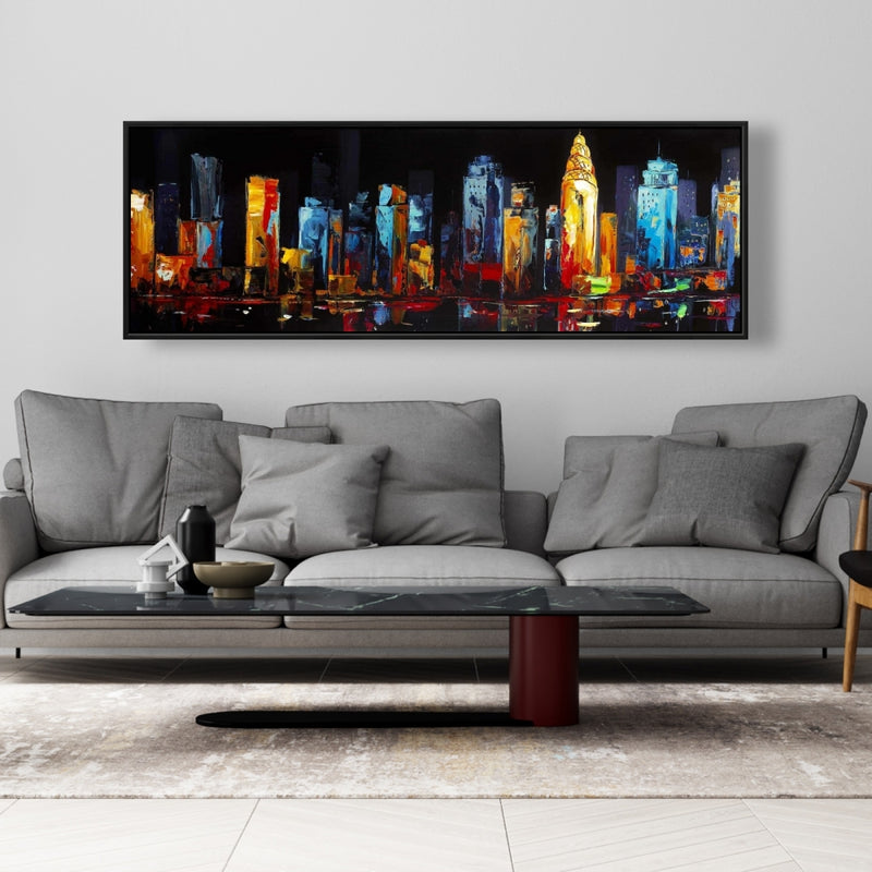 Colorful Abstract Cityscape On A Dark Background, Fine art gallery wrapped canvas 16x48