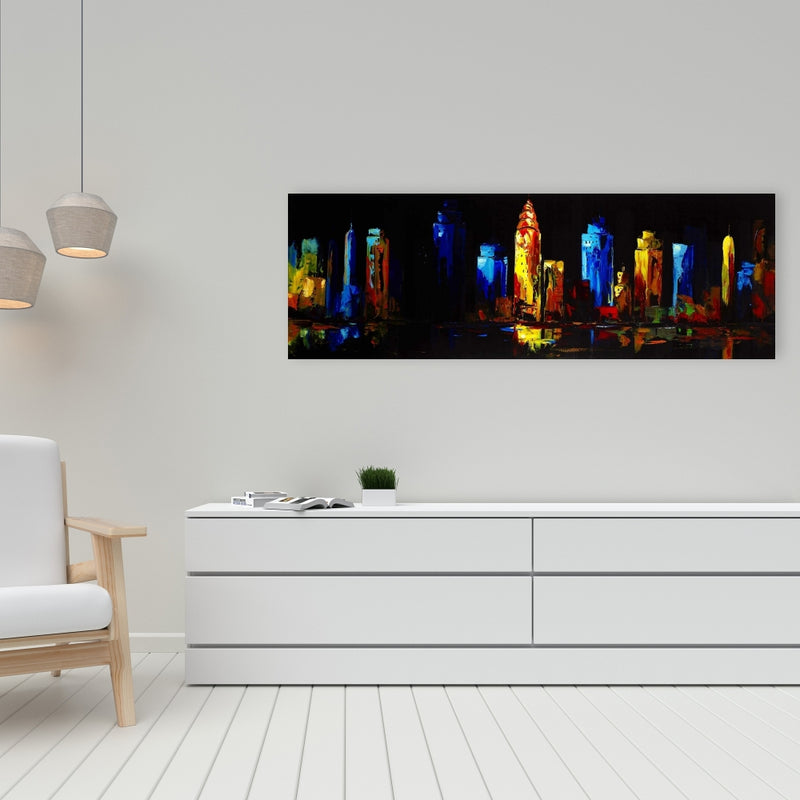 Colorful Buildings On A Dark Background, Fine art gallery wrapped canvas 16x48