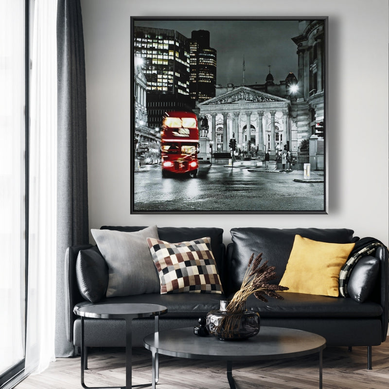 Grayscale Pantheon With Red Bus, Fine art gallery wrapped canvas 36x36
