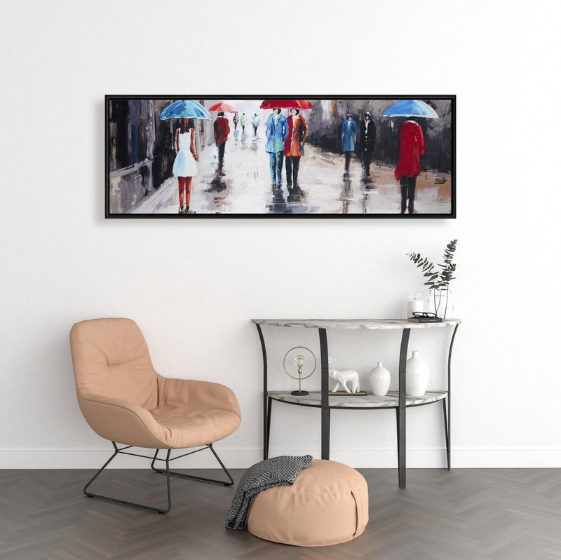 People With Umbrellas In The Street, Fine art gallery wrapped canvas 16x48