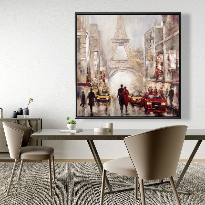 Busy Street Of Paris With Eiffel Tower, Fine art gallery wrapped canvas 36x36