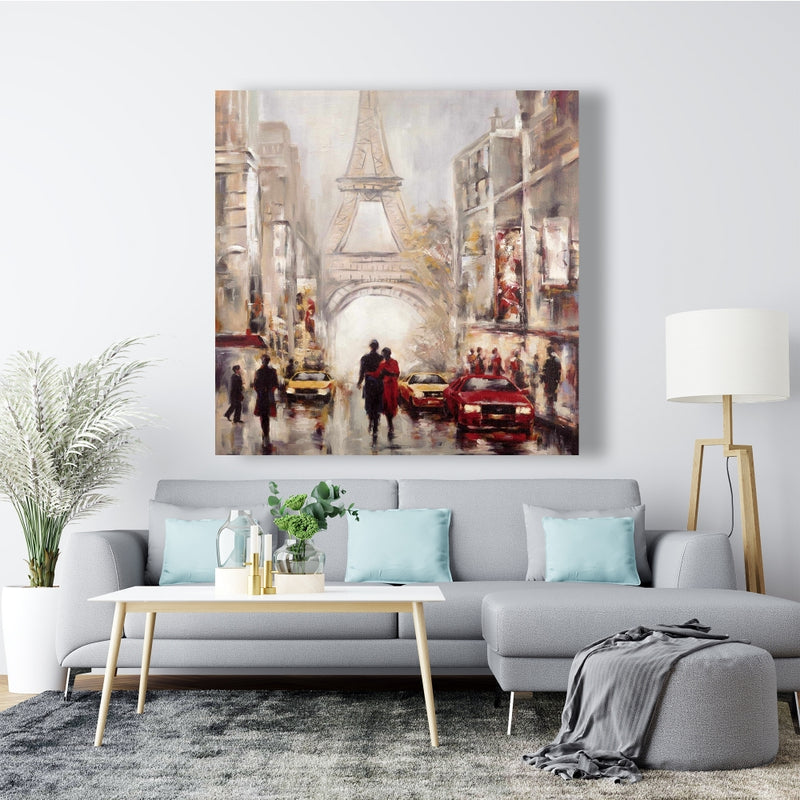 Busy Street Of Paris With Eiffel Tower, Fine art gallery wrapped canvas 36x36