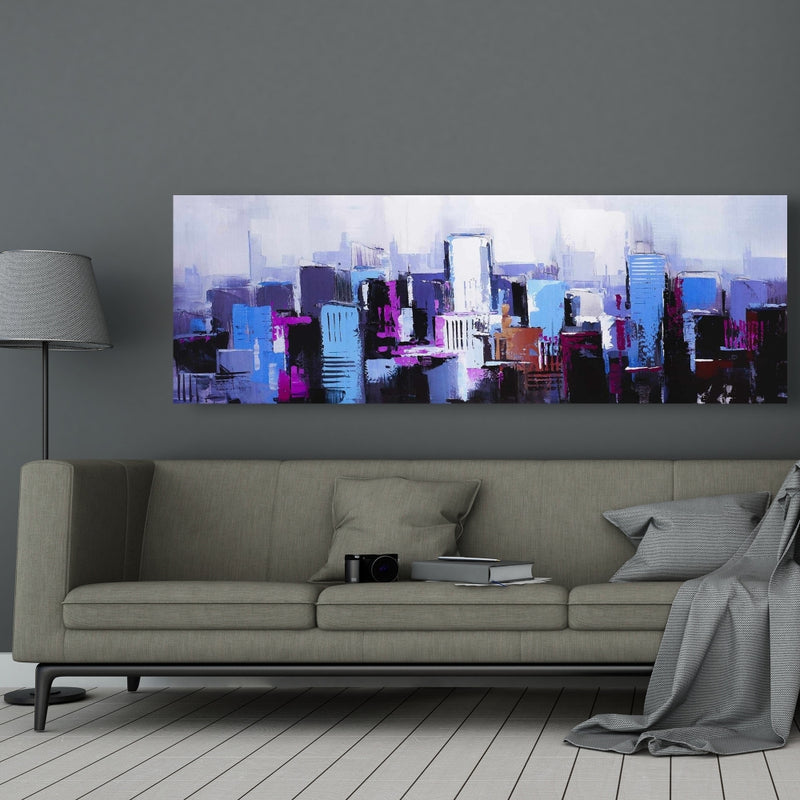 Abstract Blue & Purple City, Fine art gallery wrapped canvas 16x48