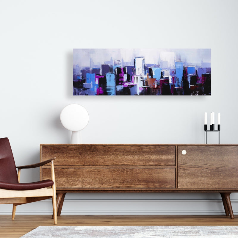 Abstract Blue & Purple City, Fine art gallery wrapped canvas 16x48