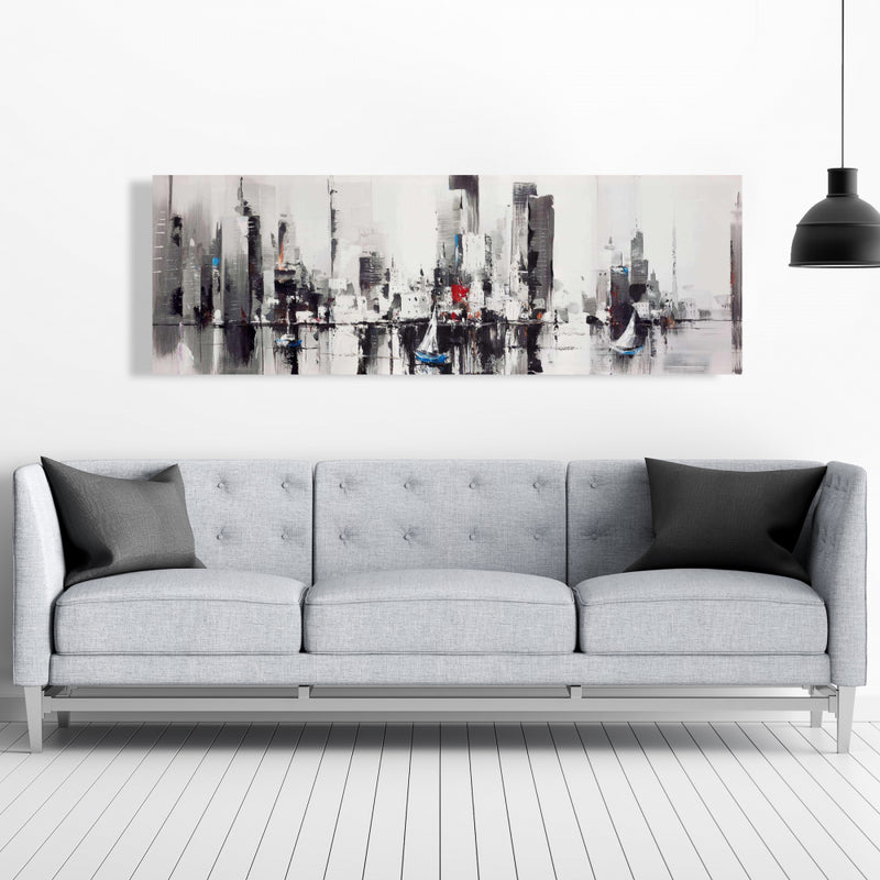 Abstract Boats With Cityscape, Fine art gallery wrapped canvas 16x48