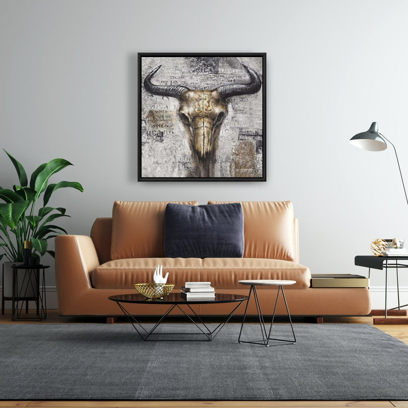 Bull Skull With Typography, Fine art gallery wrapped canvas 36x36