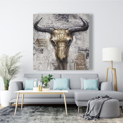 Bull Skull With Typography, Fine art gallery wrapped canvas 36x36