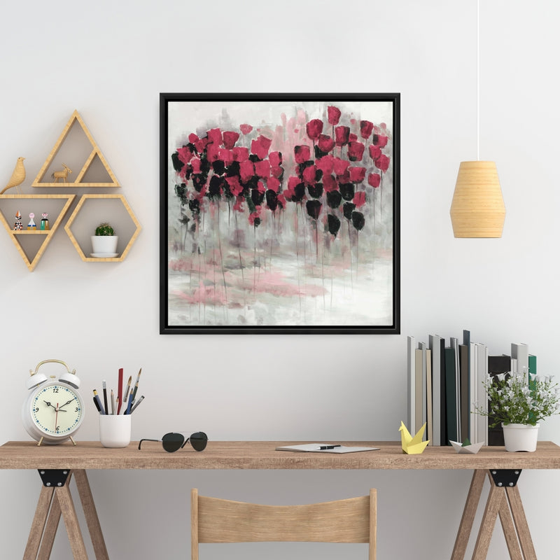 Pink Black Flowers Field, Fine art gallery wrapped canvas 36x36