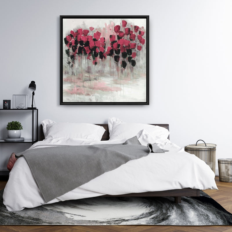 Pink Black Flowers Field, Fine art gallery wrapped canvas 36x36