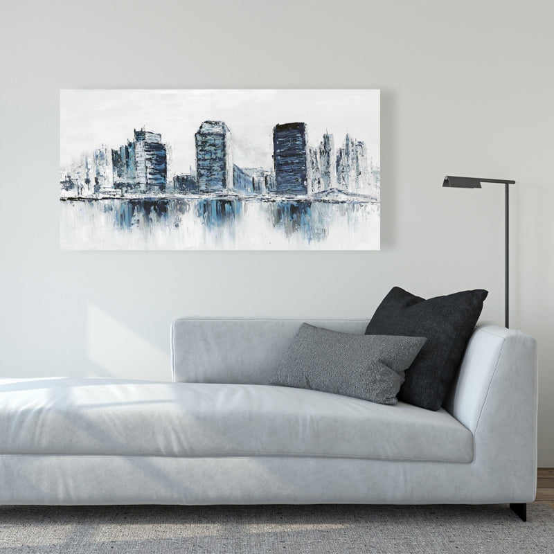 Texturized Blue Colors Cityscape, Fine art gallery wrapped canvas 16x48