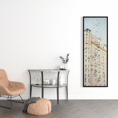 Birds Flying In Front Of A Building, Fine art gallery wrapped canvas 16x48
