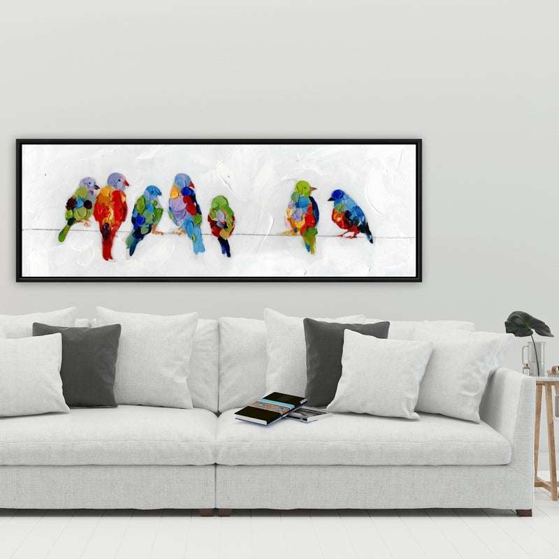 Colorful Birds On A Wire, Fine art gallery wrapped canvas 16x48