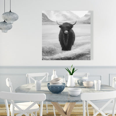 Monochrome Highland Cow, Fine art gallery wrapped canvas 36x36