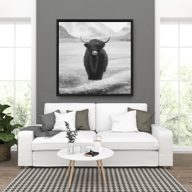 Monochrome Highland Cow, Fine art gallery wrapped canvas 36x36
